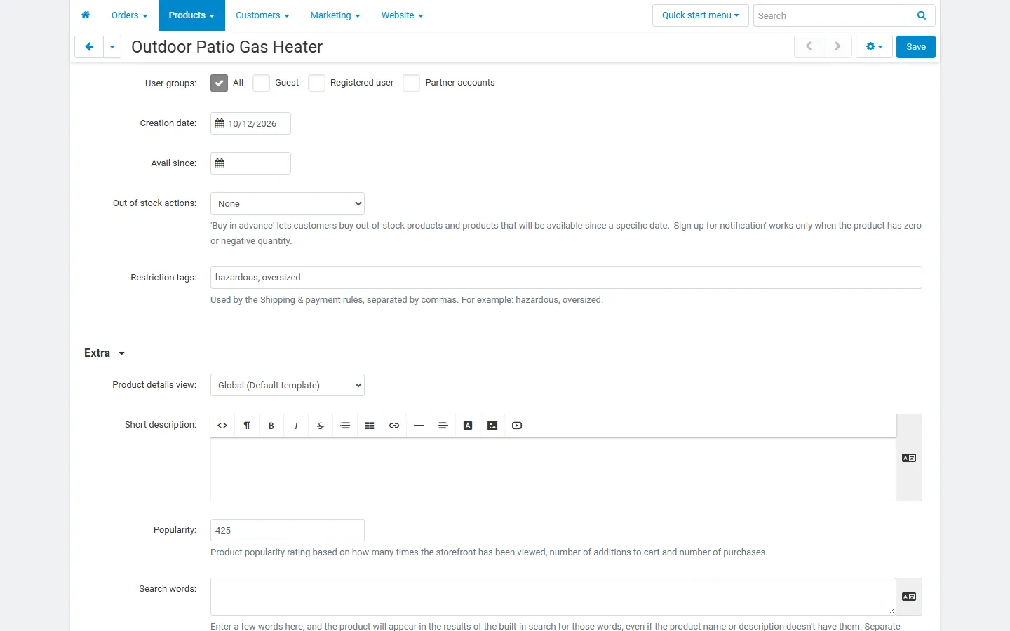 Product editor, Availability: the “Restriction tags” field (hazardous, oversized) used by the rules.
