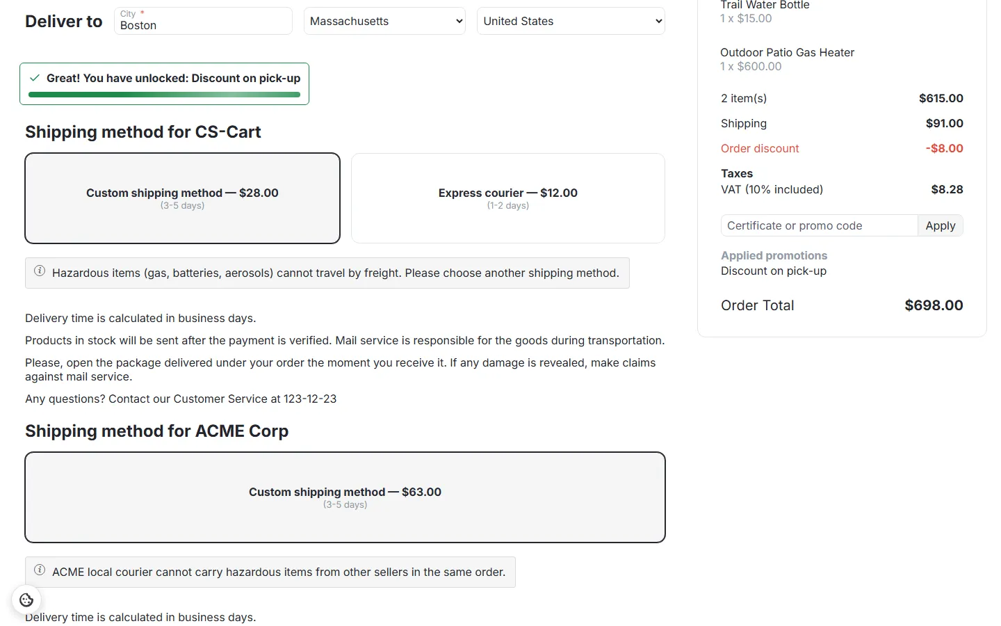 Multi-Vendor 4.21 with the Nova theme: one note per vendor package (freight hidden for CS-Cart, ACME local courier hidden for ACME Corp).