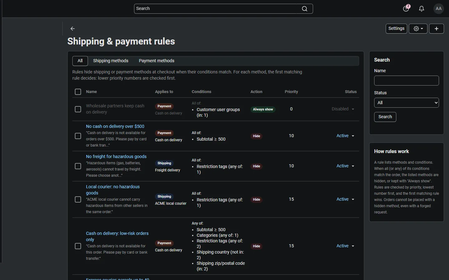 Multi-Vendor 4.21 dark back office: the rule list including a cart-scope rule for a vendor’s courier.