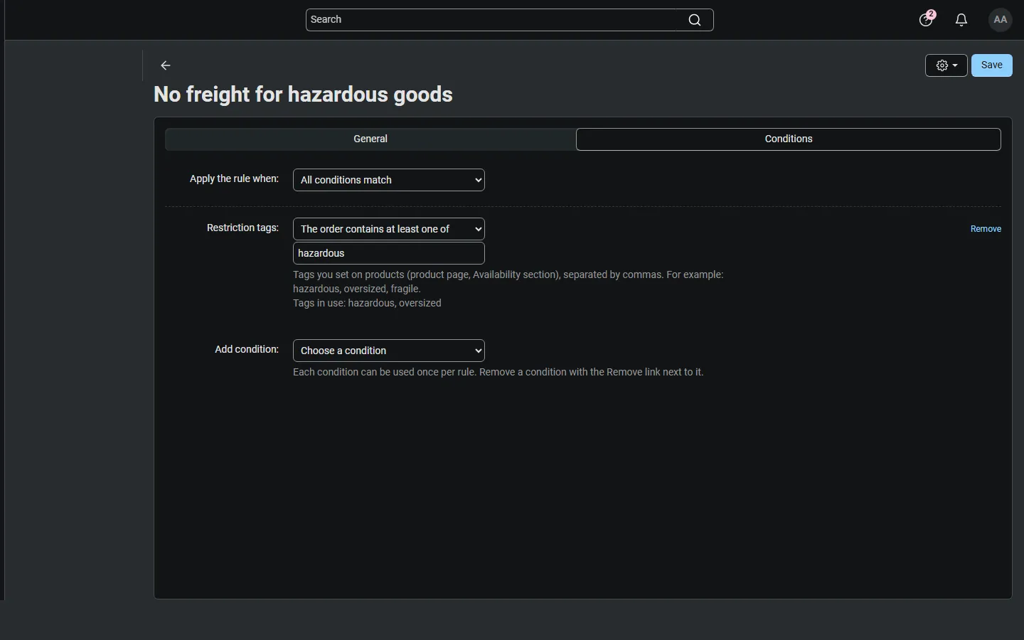4.21 dark back office: the restriction-tag condition of “No freight for hazardous goods”.