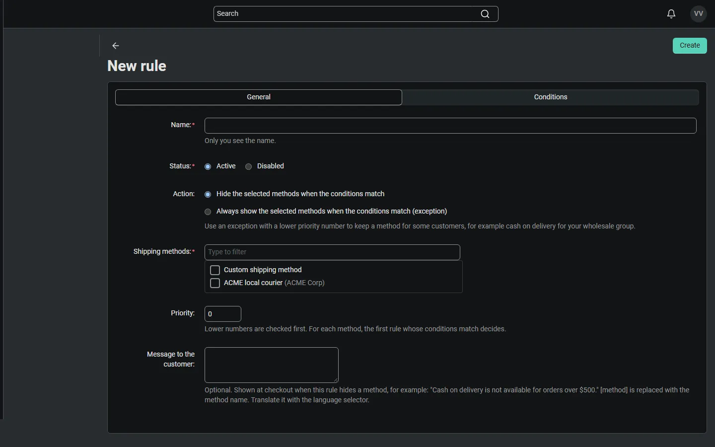 Vendor panel: a vendor creates a rule for its own shipping methods only (no payment target).