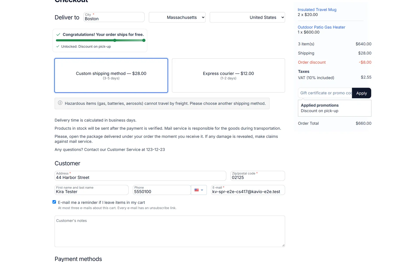 Checkout: Freight delivery is hidden for a hazardous product and a note under the shipping methods explains why.