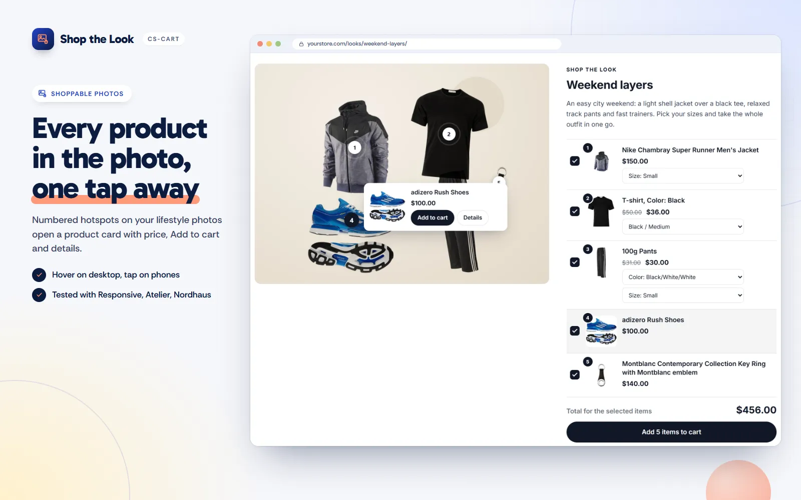 Look page: photo with numbered hotspots, product card, item list with pickers.