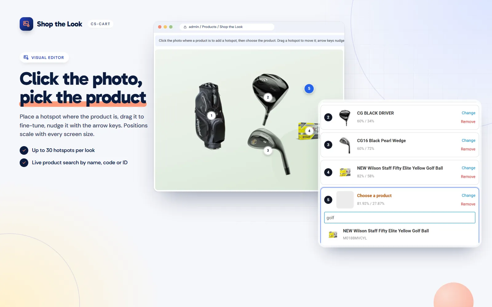 Admin hotspot editor: hotspots on the photo and the product search.
