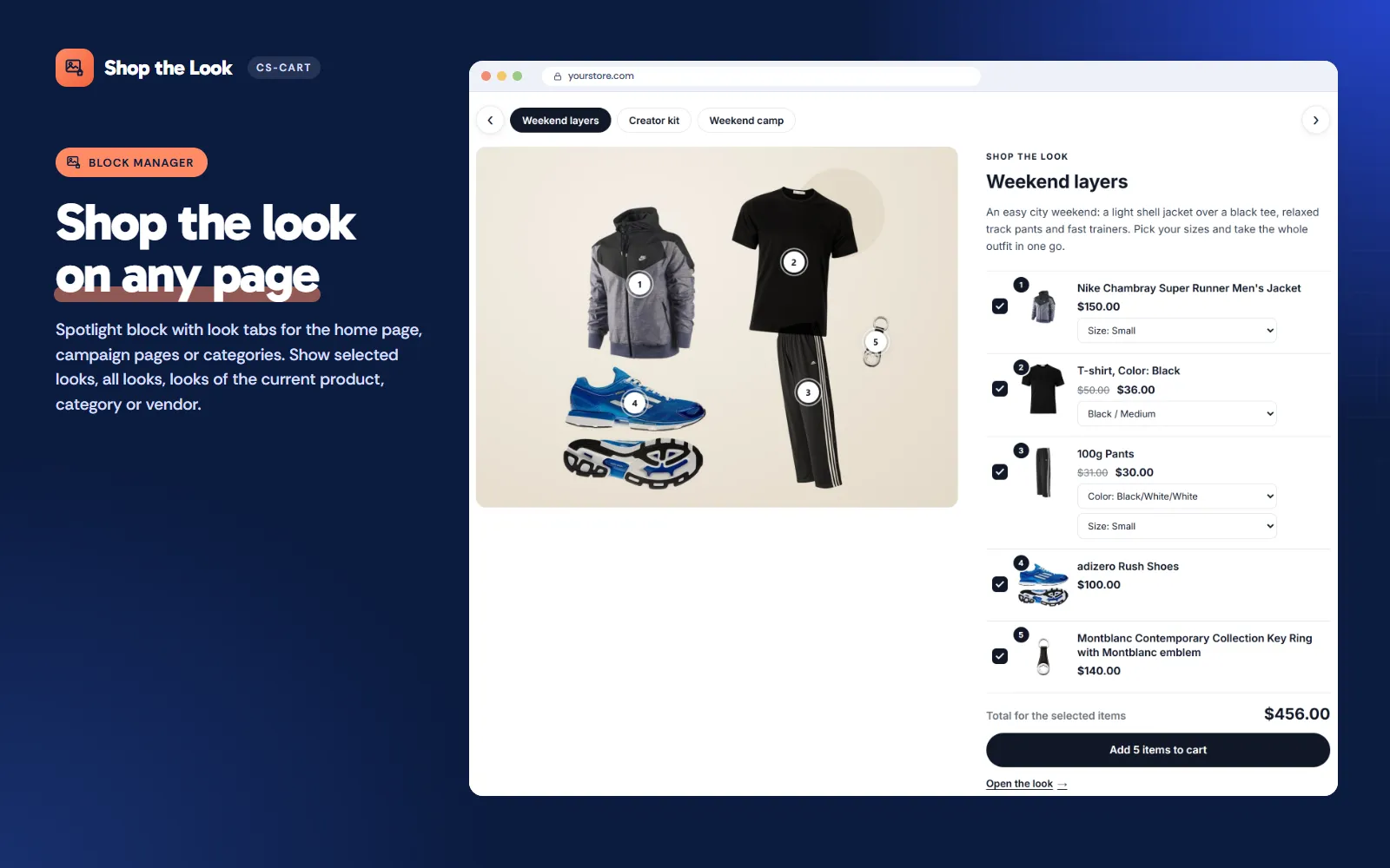 Spotlight block with look tabs on the home page.