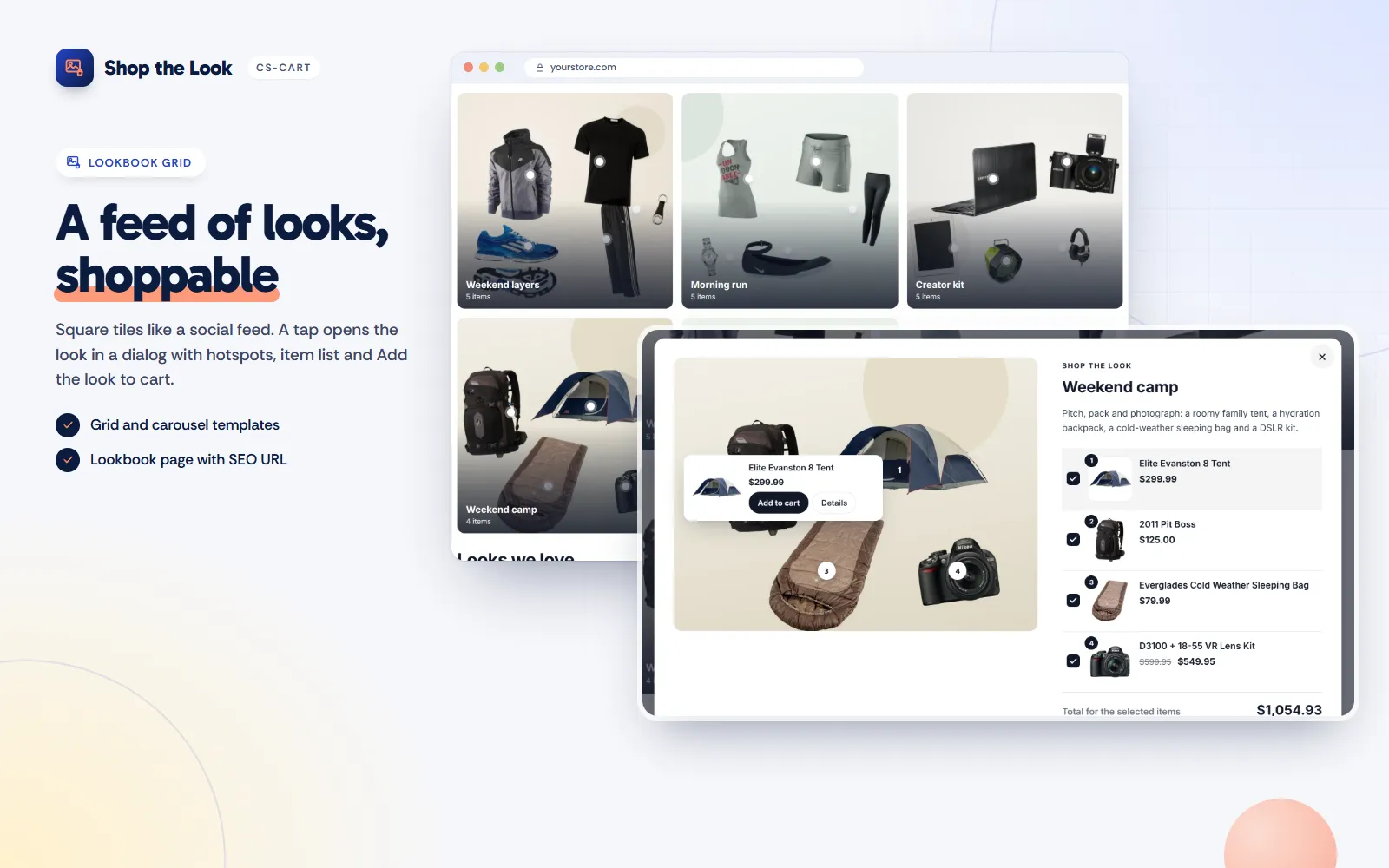 Lookbook grid block and a look opened in the dialog.