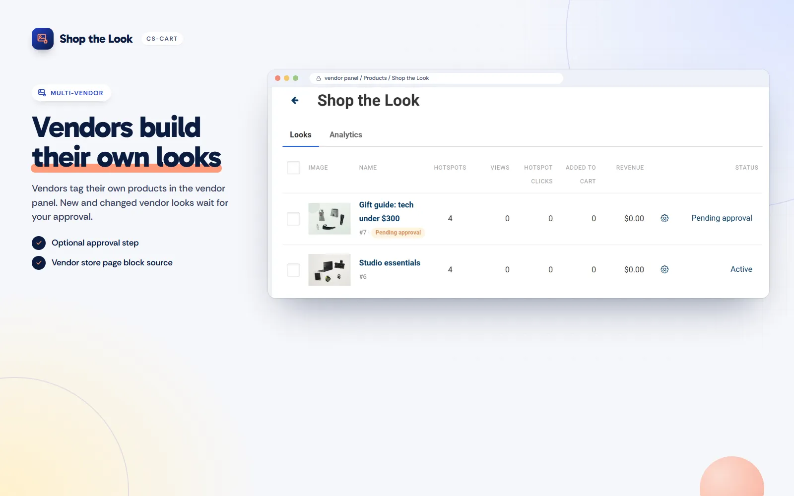 Multi-Vendor vendor panel: own looks, pending approval.