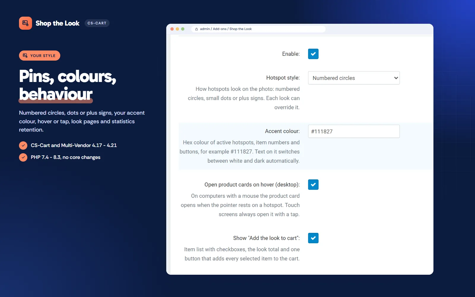 Add-on settings: hotspot style, accent colour, hover, Add the look to cart.