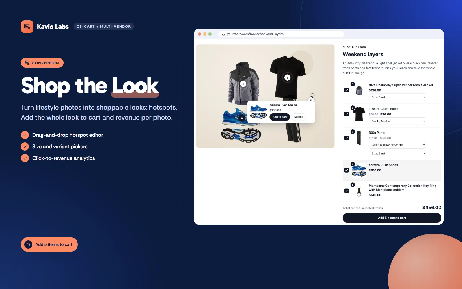 Shop the Look: a look page with hotspots, a product card and Add 5 items to cart.