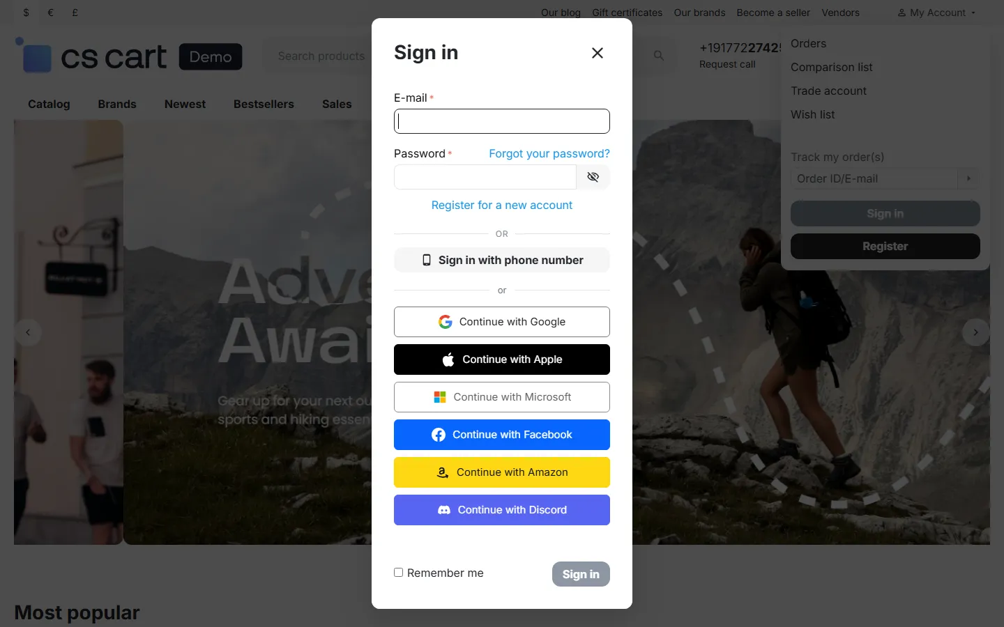 Sign-in pop-up with the provider buttons