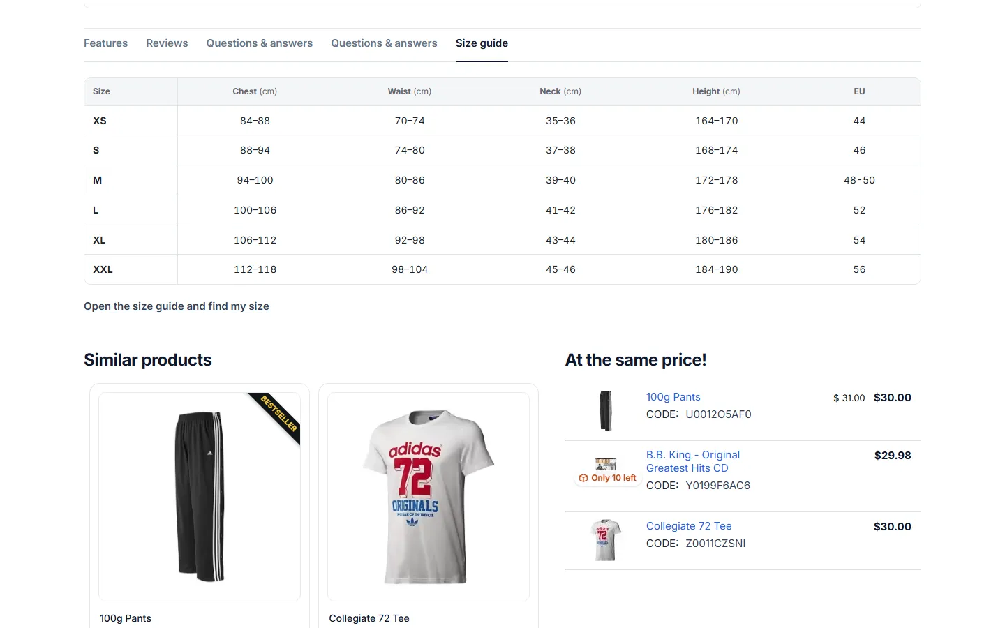 Optional Size guide product tab with the table.