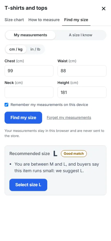 Phone (390 px): Find my size result.
