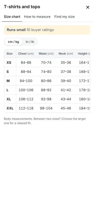 Phone (390 px): full-screen size guide window.