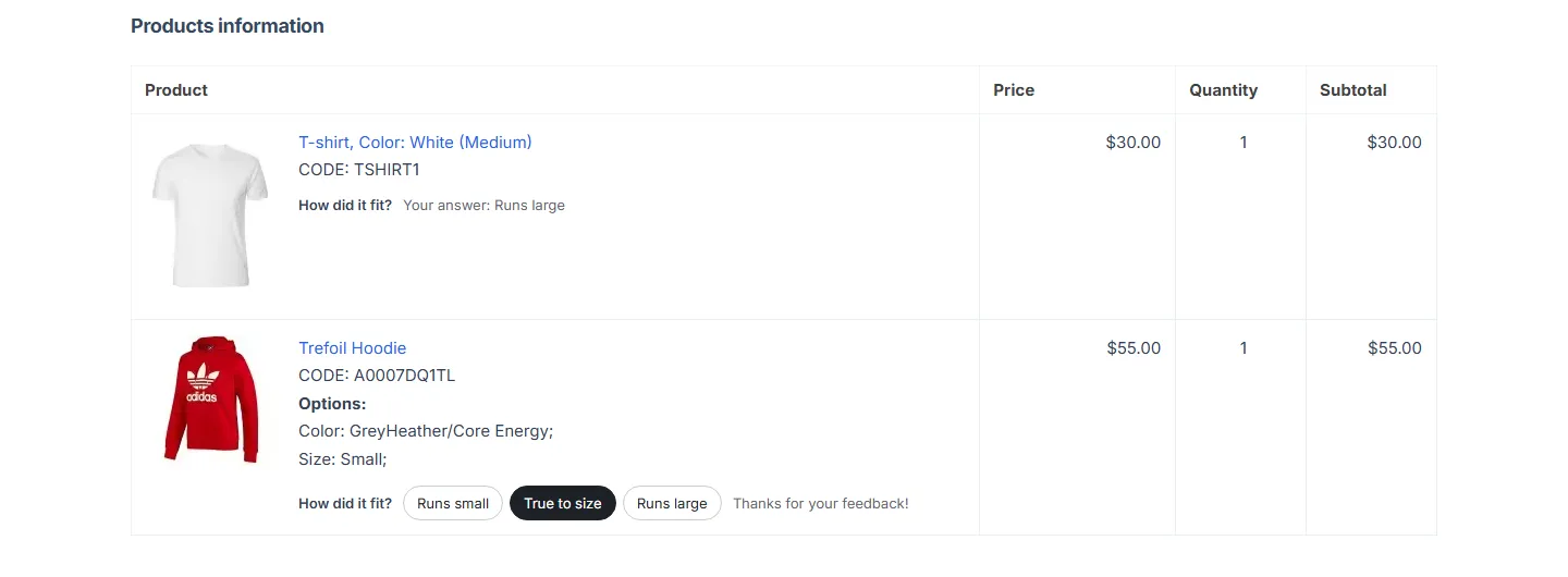 Customer order page: “How did it fit?” answered and open.
