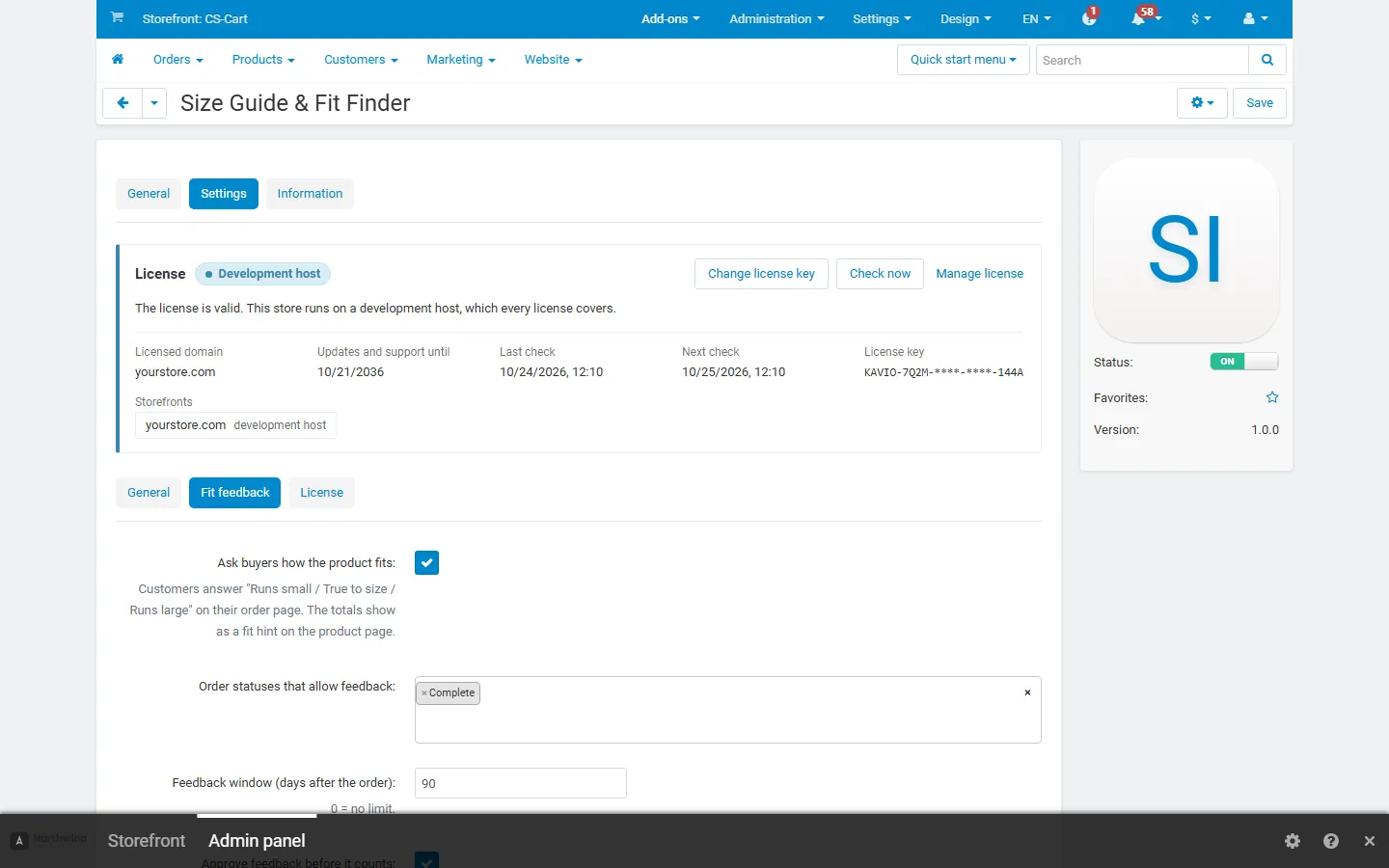 Settings, Fit feedback: statuses, window, moderation, minimum votes.