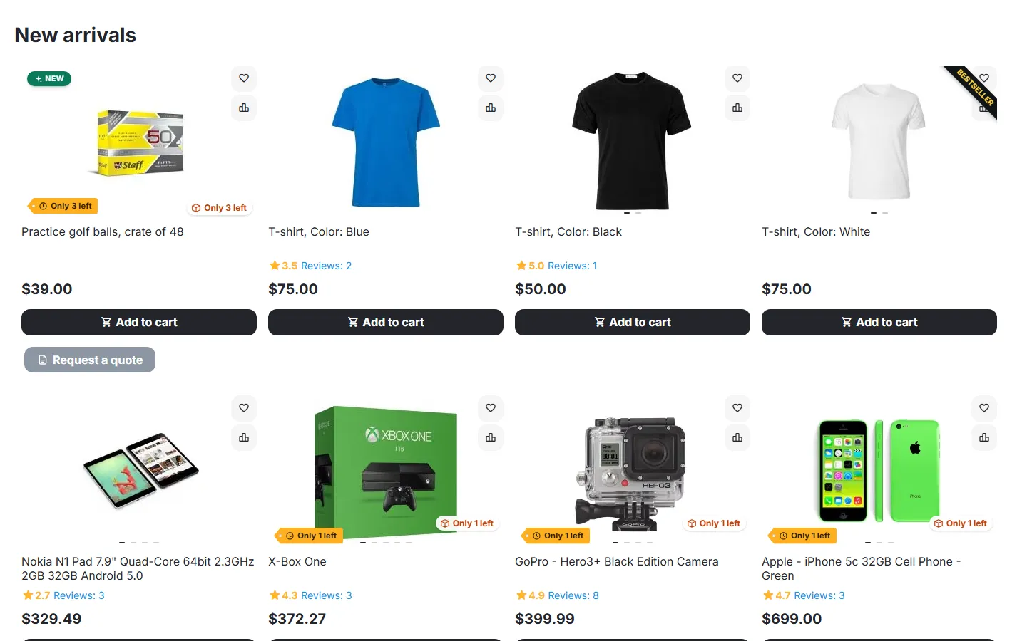 Home page: a Products block filled by the “New arrivals” collection.