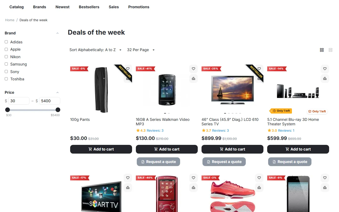 “Deals of the week”: a real category kept filled by rules, with filters and sorting.