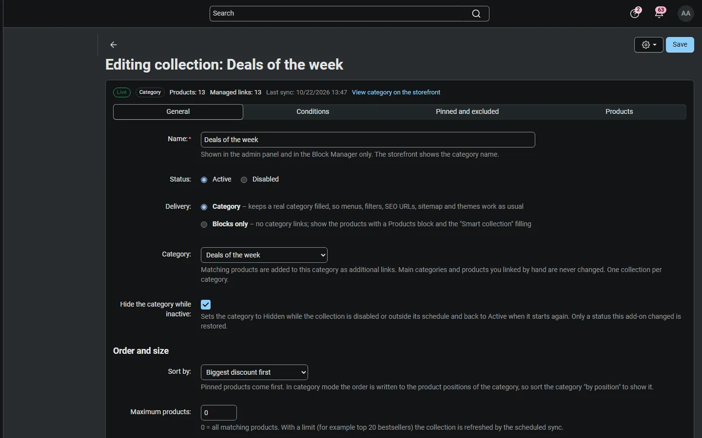 Collection settings: delivery (category / blocks only), category, hiding, order, limit, schedule.