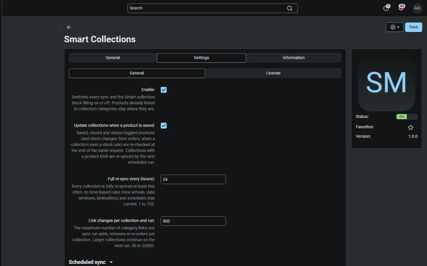 Add-on settings: sync on save, re-sync interval, batch size, scheduled sync.