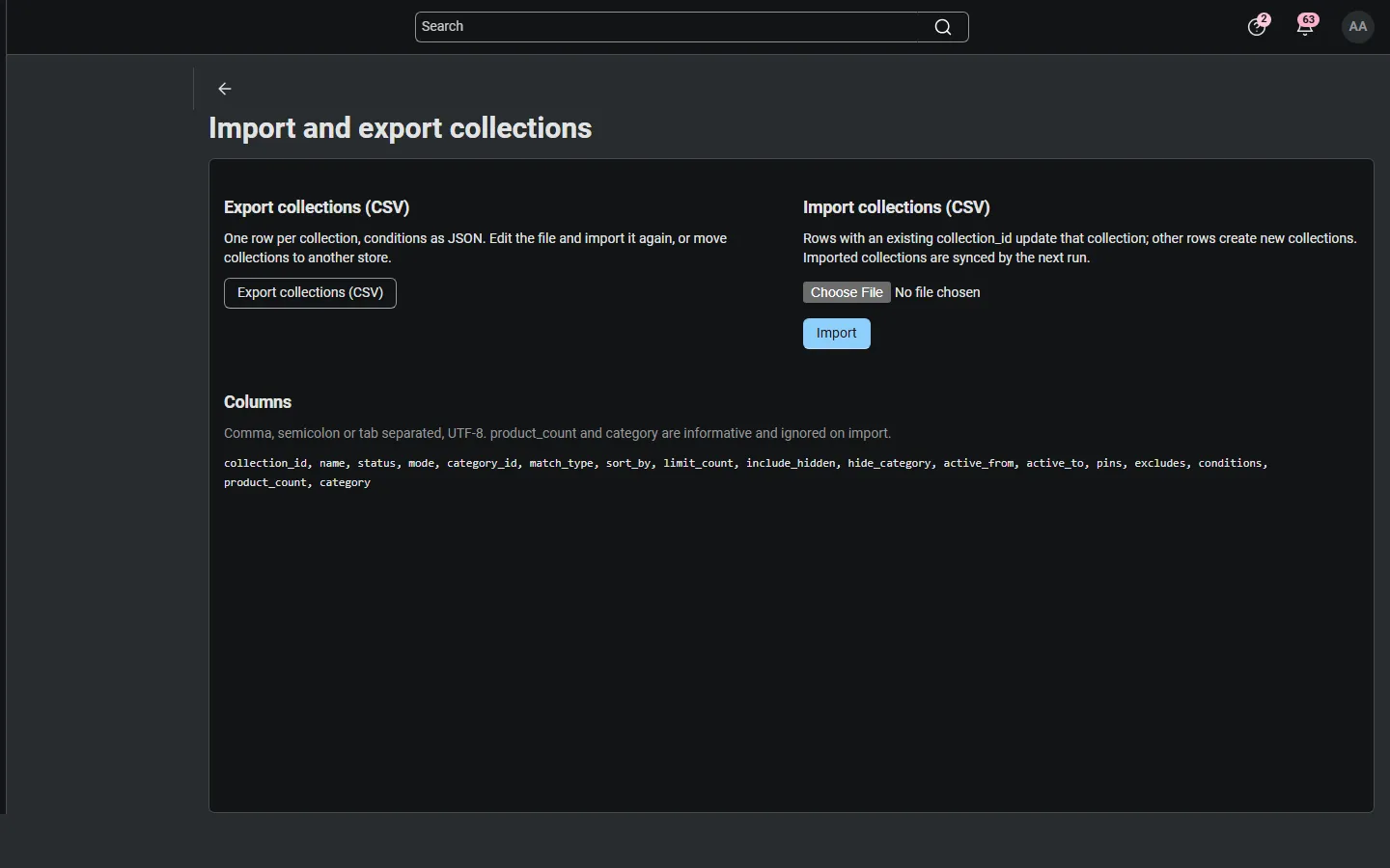 CSV export and import of collections.
