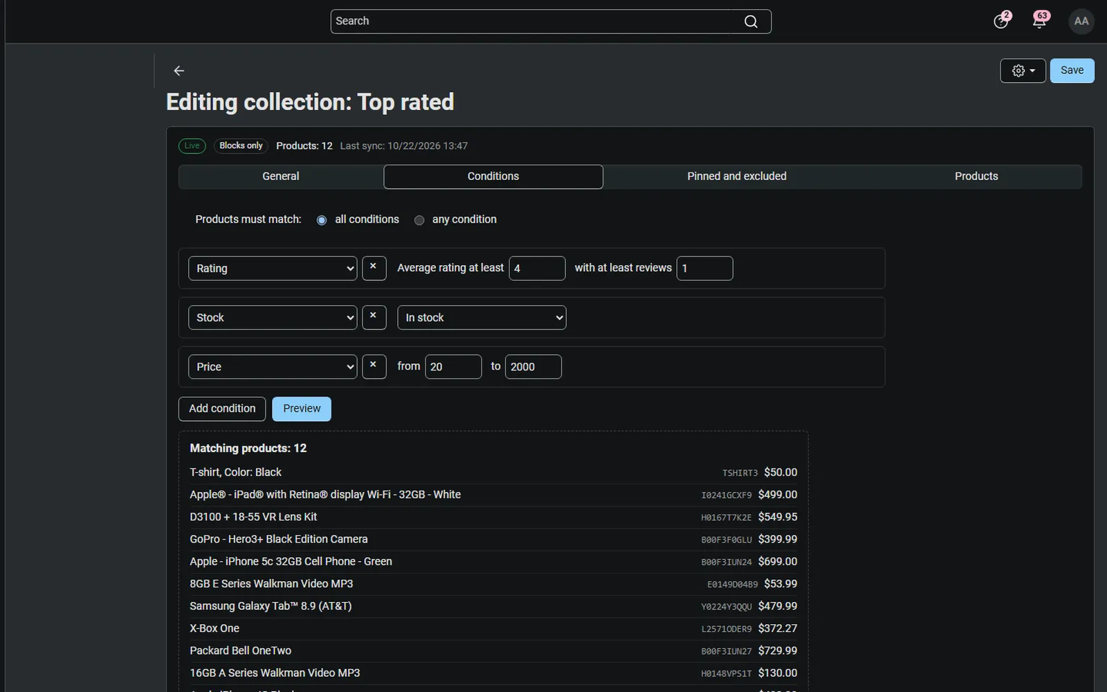 Collection rules with the live preview of matching products.