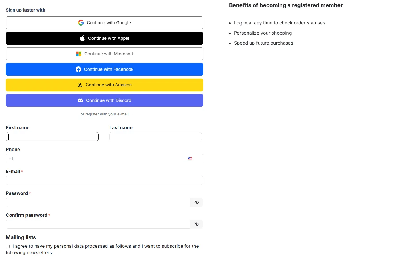 Registration page: “Sign up faster with” row above the form.