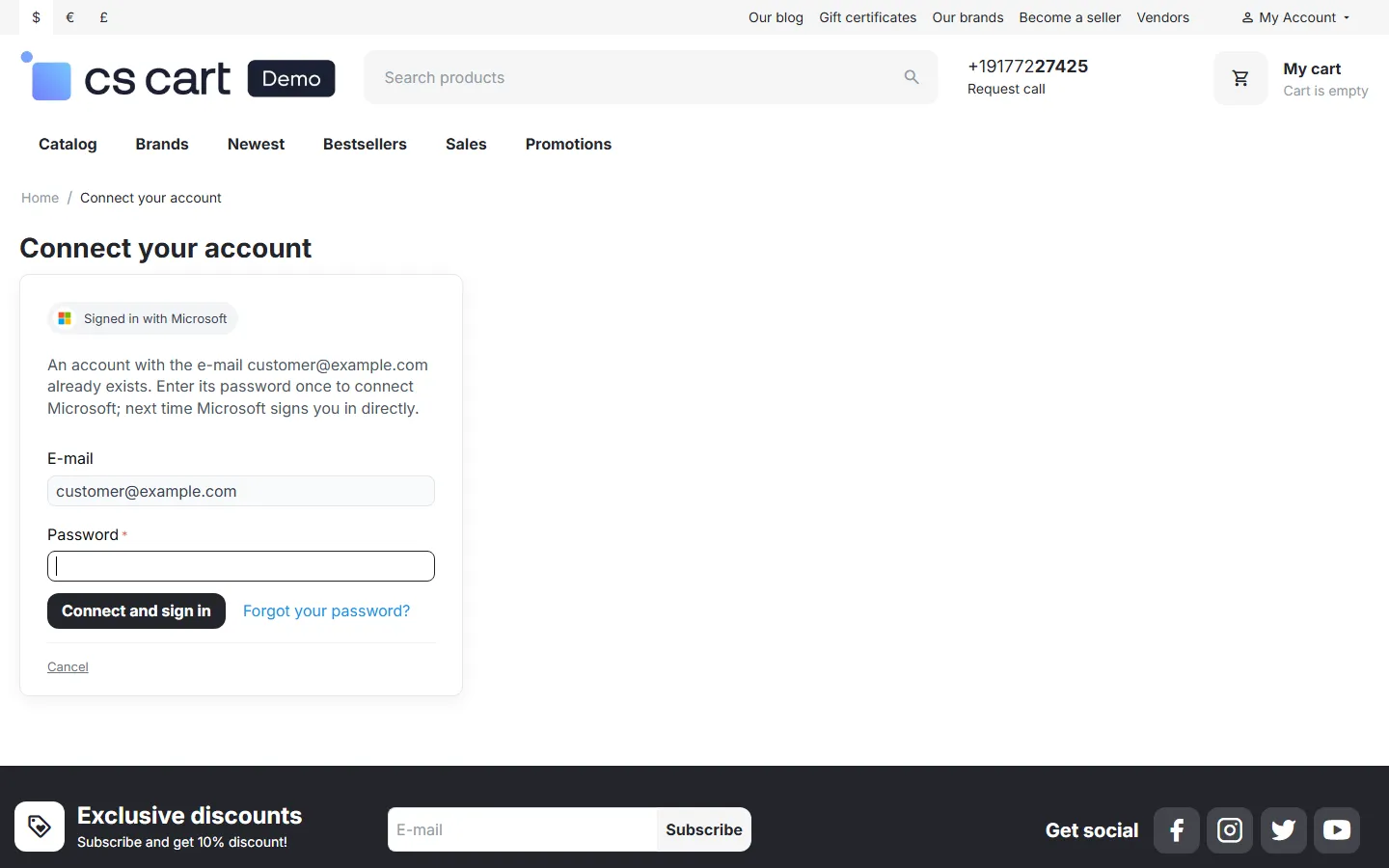 Connect your account: the e-mail belongs to an existing customer, the password is asked once.