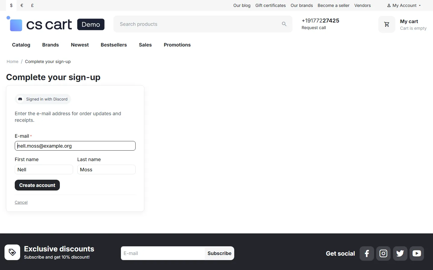 Complete your sign-up: provider without a confirmed e-mail (Discord).