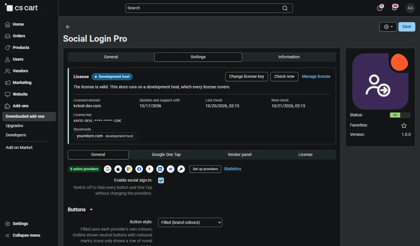 Add-on settings, General: overview of the active providers, button and account options.