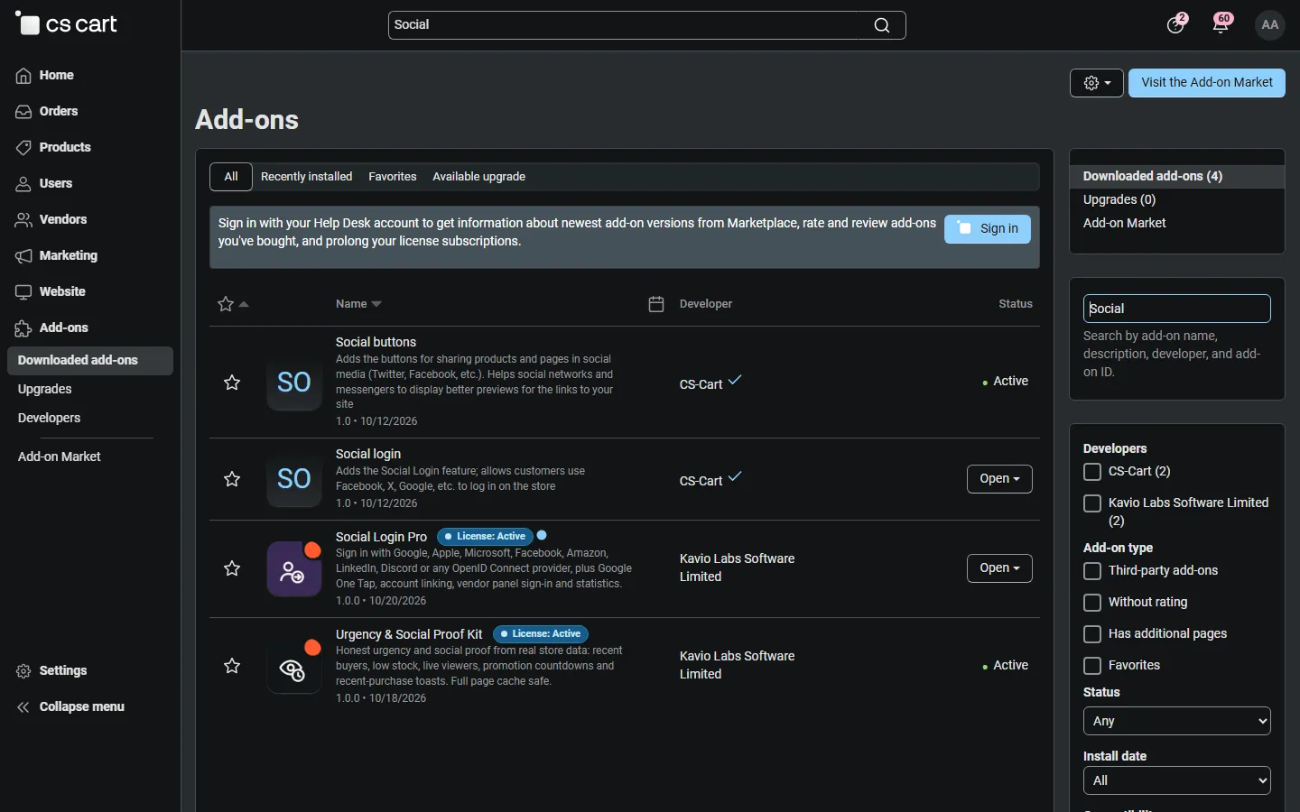 Admin, Downloaded add-ons searched for “Social”: the add-on next to the built-in Social login.