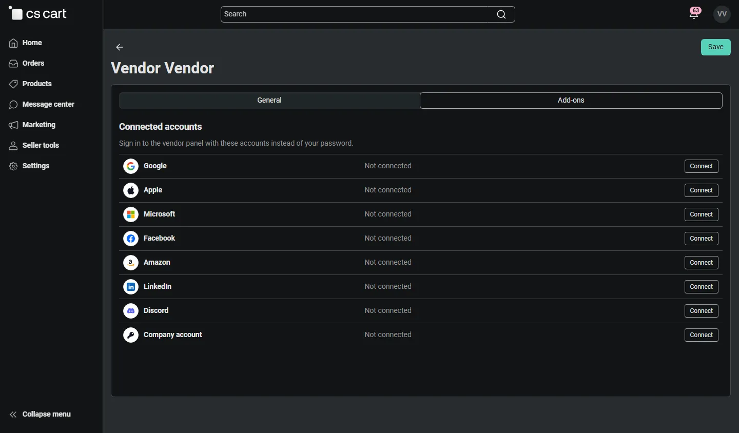 Vendor profile, Add-ons tab: connected accounts for the vendor panel.
