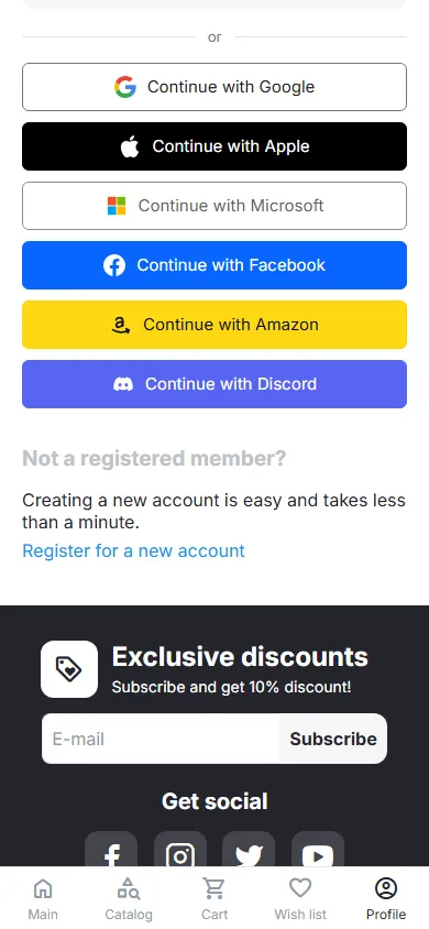 Mobile (390 px): sign-in buttons.