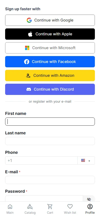 Mobile (390 px): registration page with the sign-up buttons.