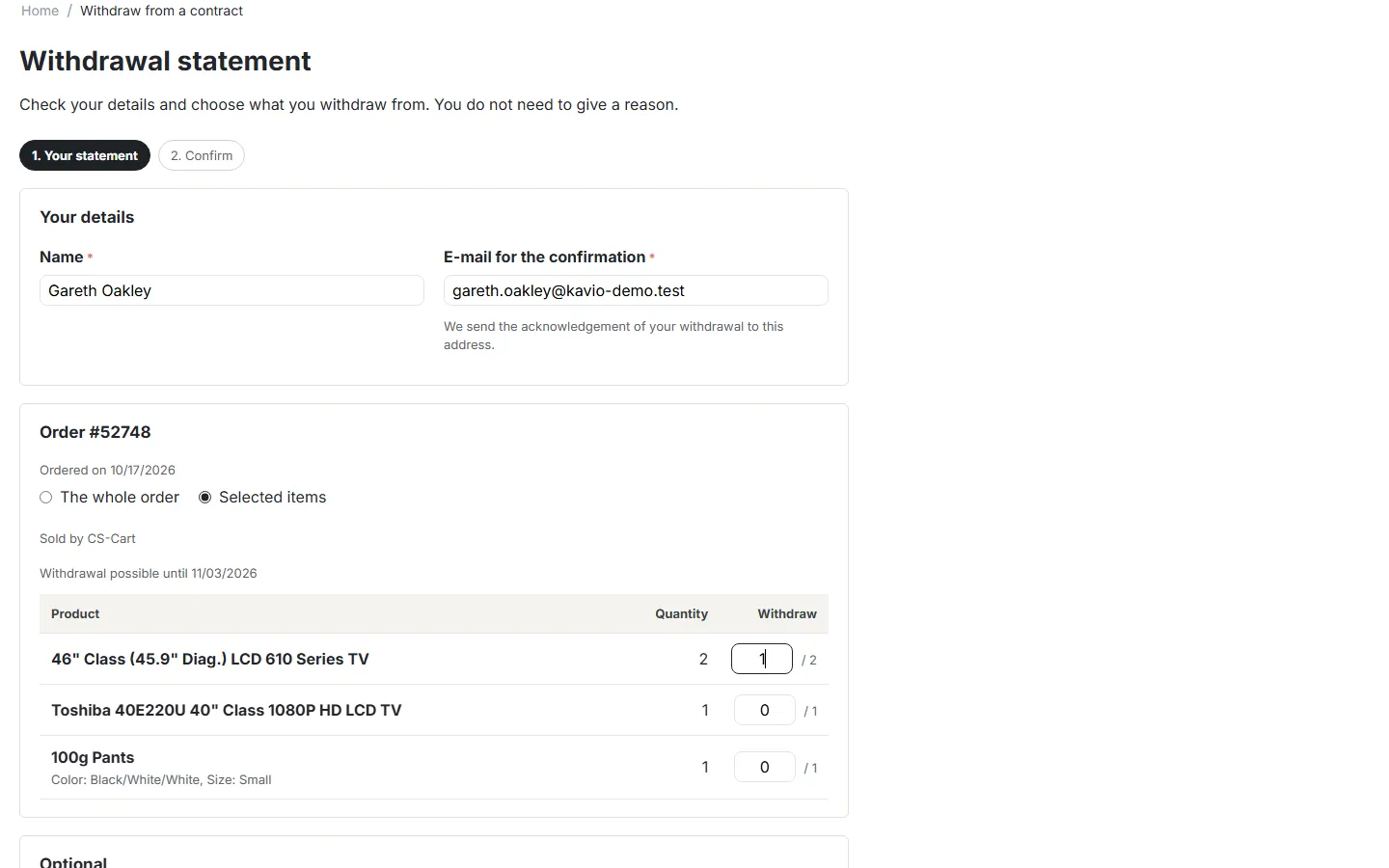 Step 1: name, e-mail for the confirmation, items and quantities.