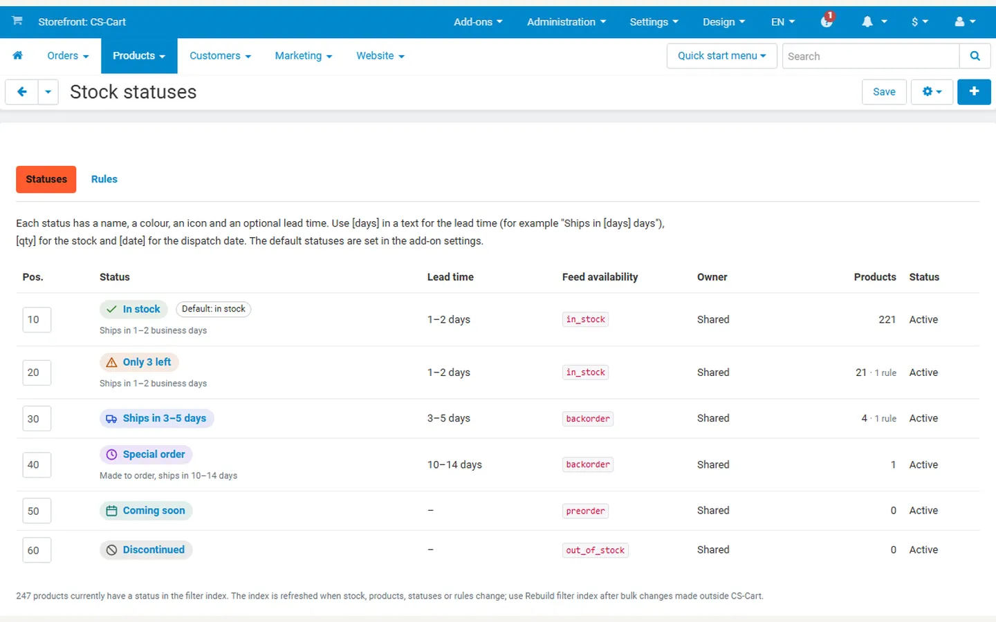 Admin: the six statuses with colours, icons, lead times and feed values.