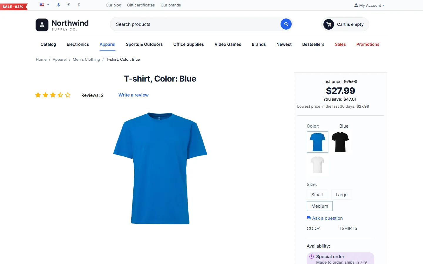 Product page with a product setting: Special order, made to order in 7–9 days.