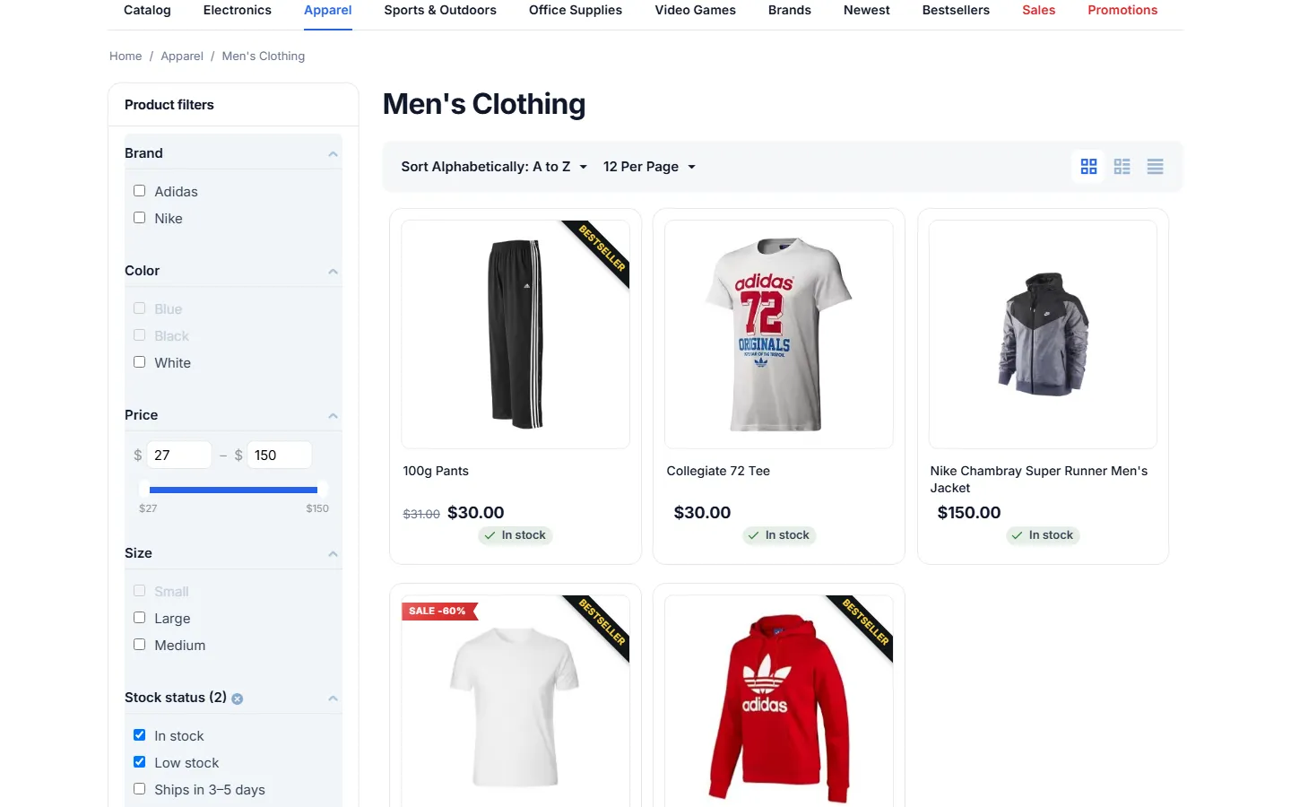 Category filtered by In stock and Low stock.