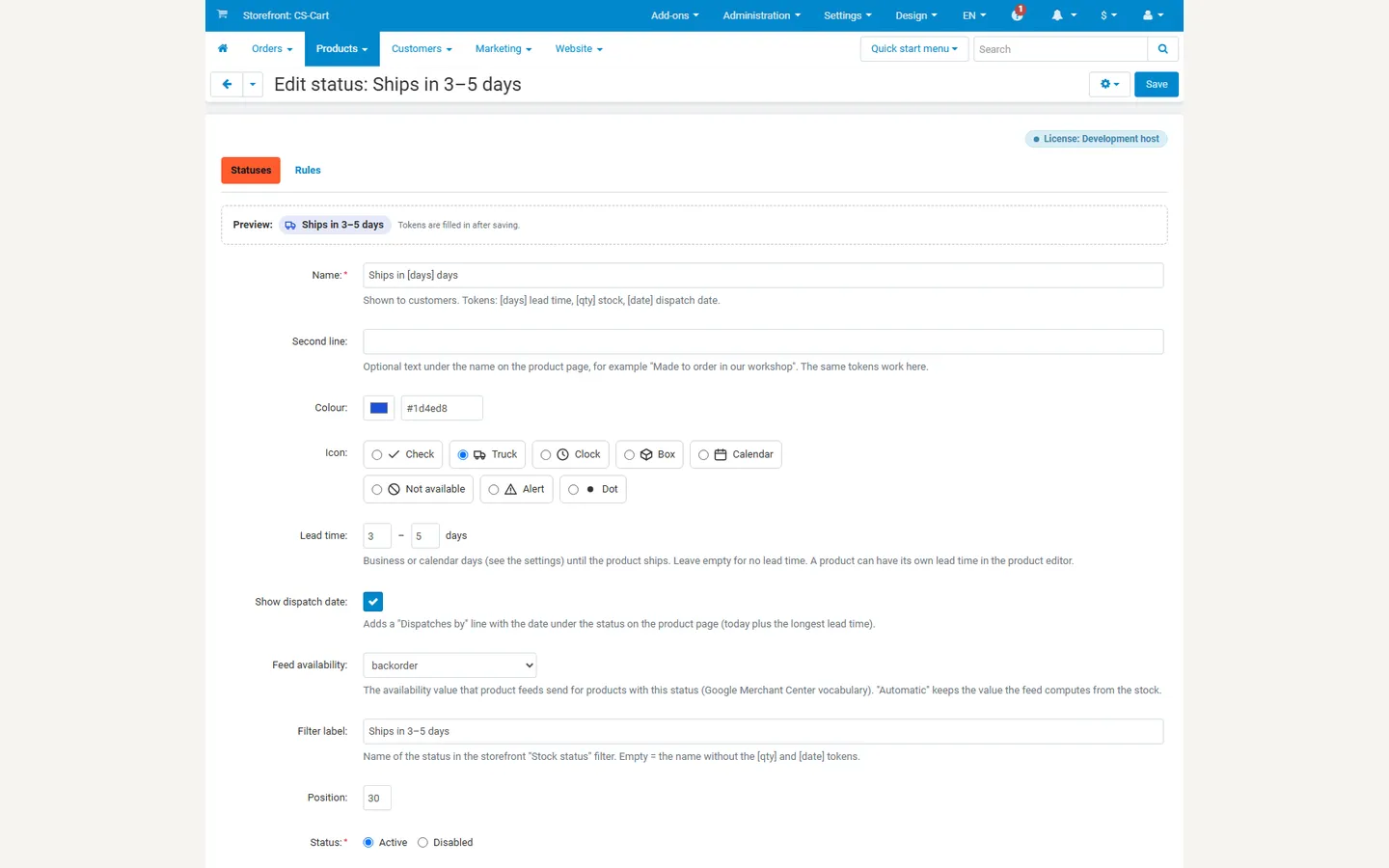 Status editor with live preview, icons, lead time, dispatch date and feed value.
