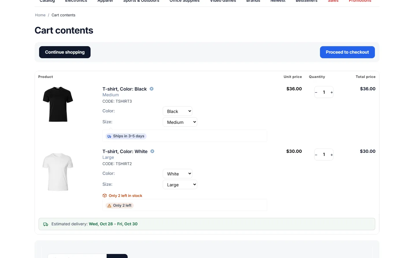 Cart: each line shows its status.