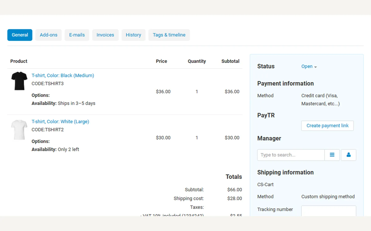 Admin order: “Availability” recorded for each line.
