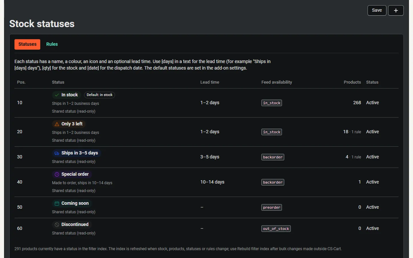 Vendor panel (mv421, dark): shared statuses read-only, own statuses and rules.