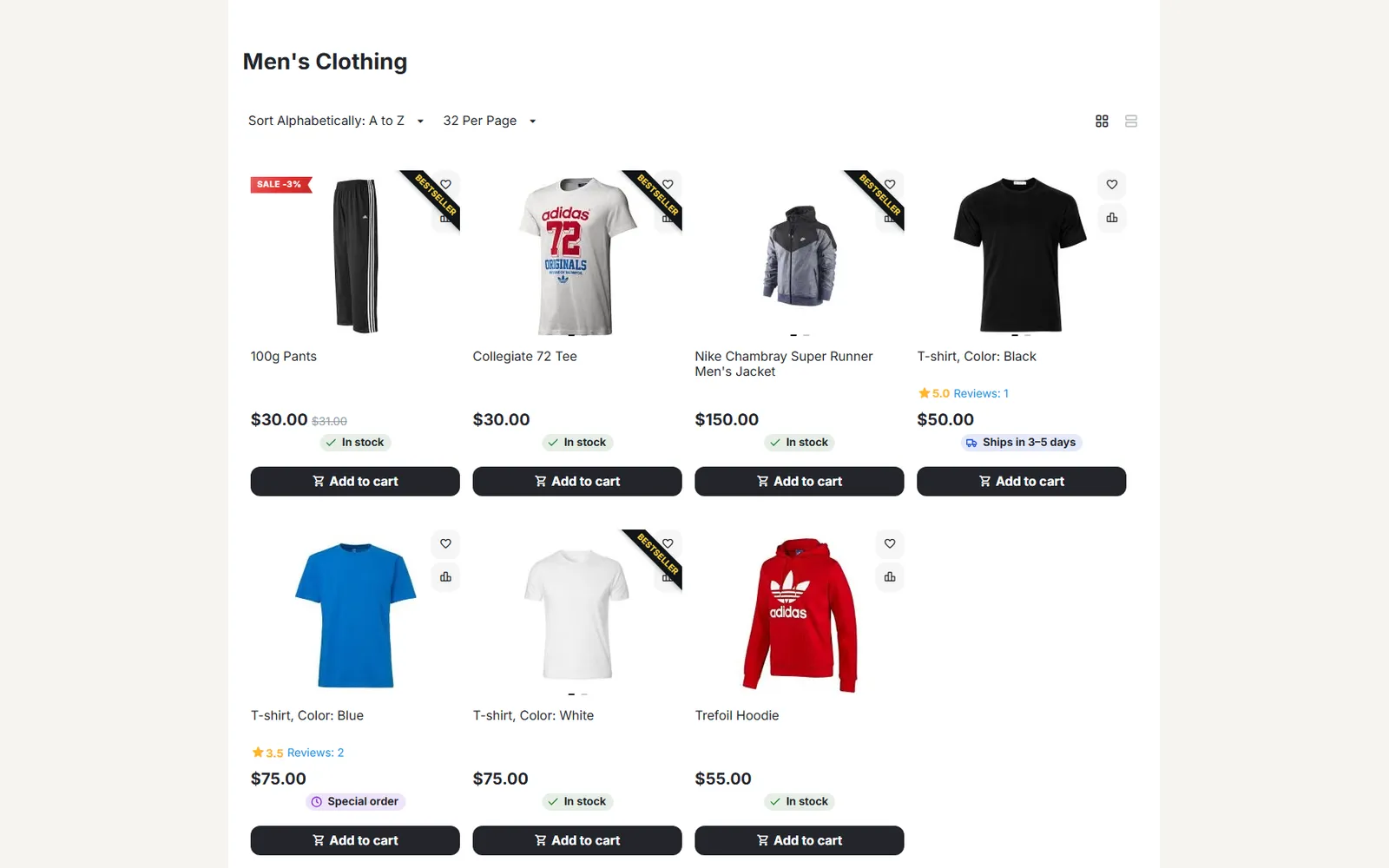 Category page (Nova): In stock, Ships in 3–5 days and Special order under the prices.