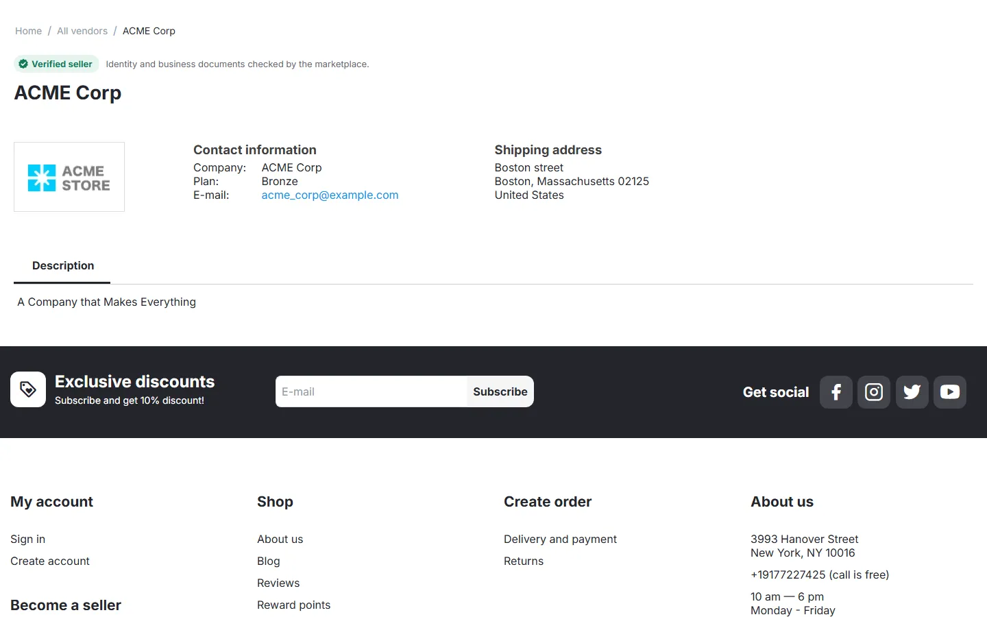 Storefront vendor page with the Verified seller strip.