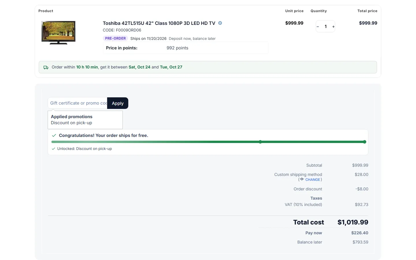 Pay now and balance later in the cart