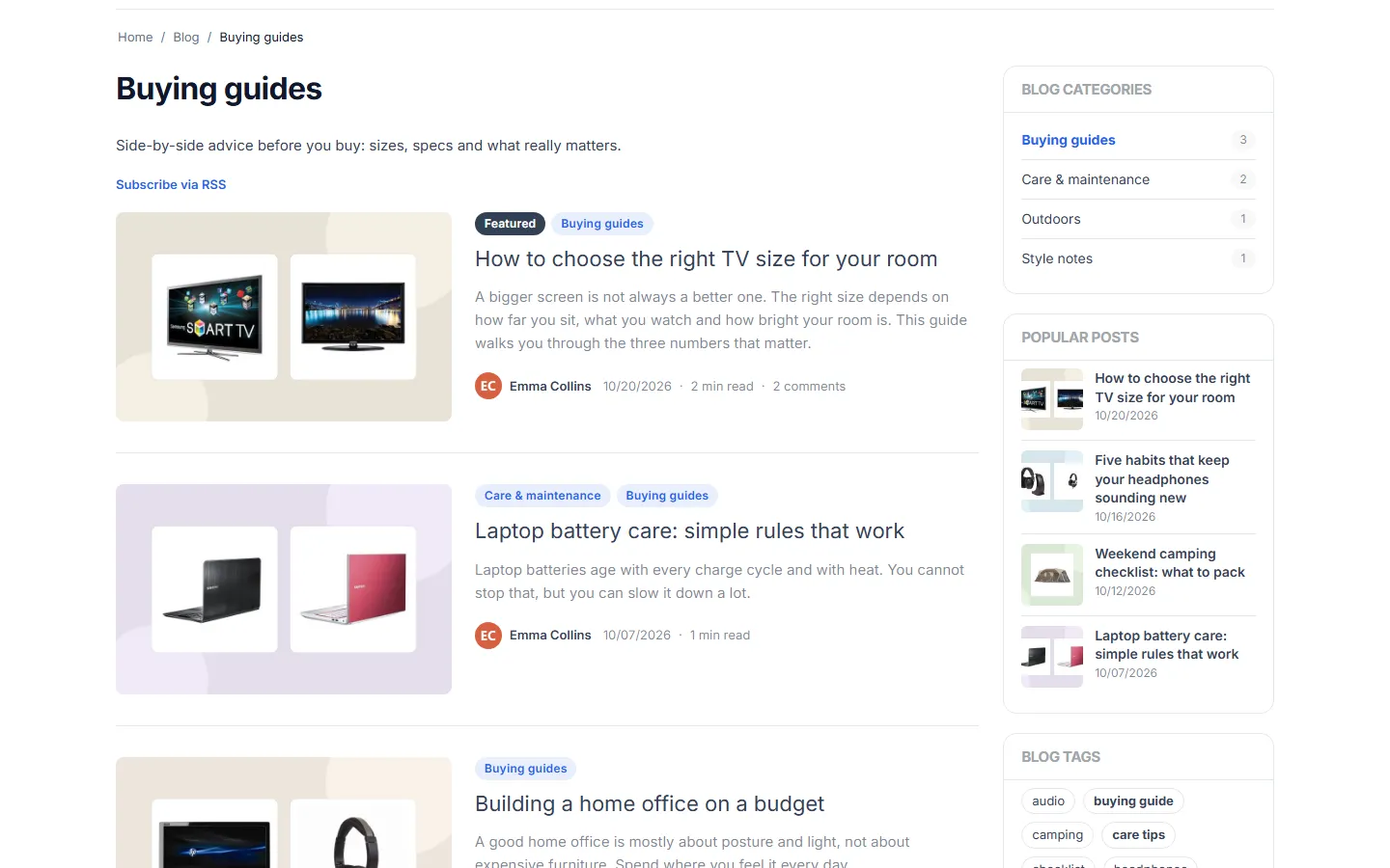 Category page “Buying guides” with the category list, popular posts and tag cloud blocks.