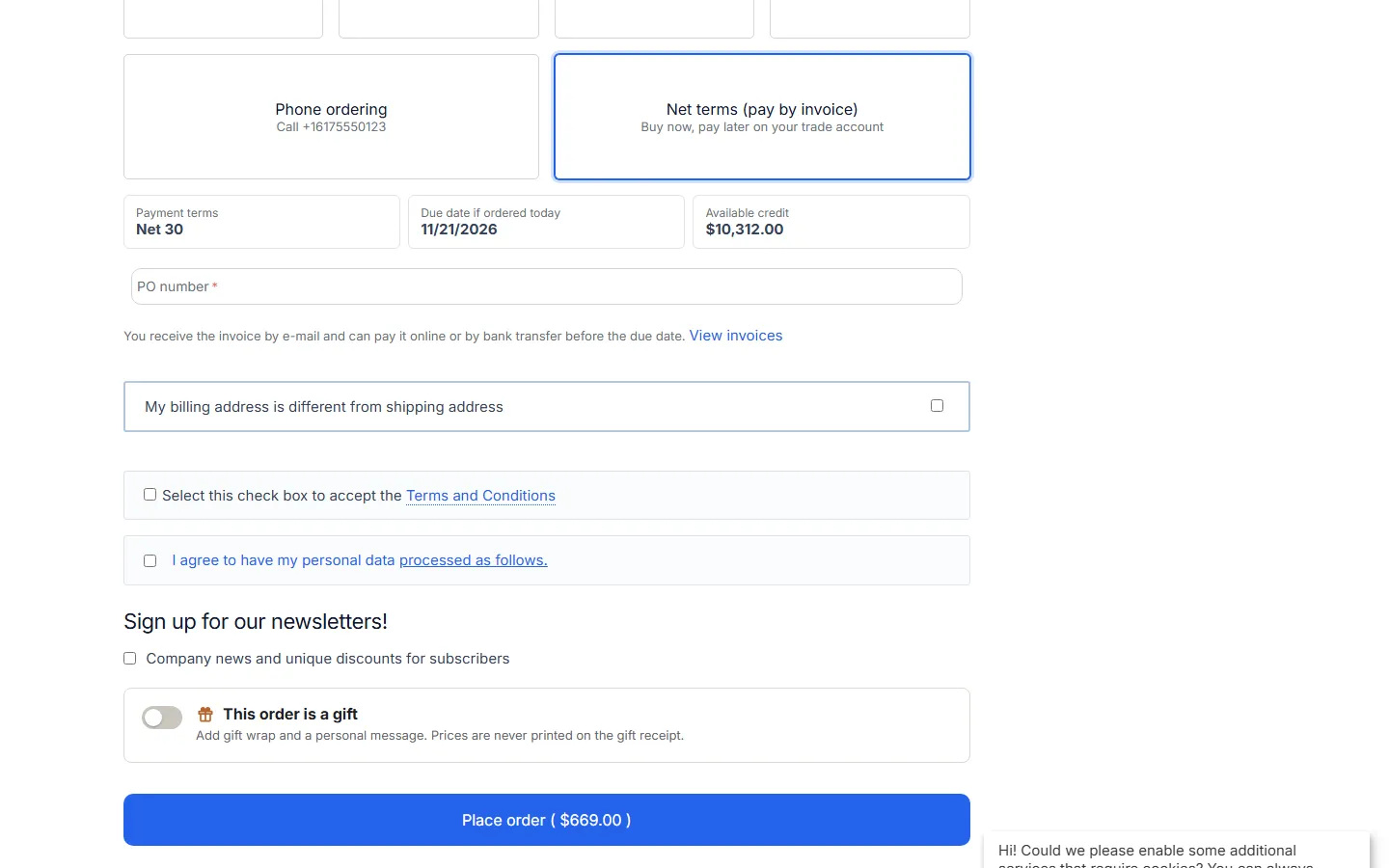 The Net terms payment method at checkout
