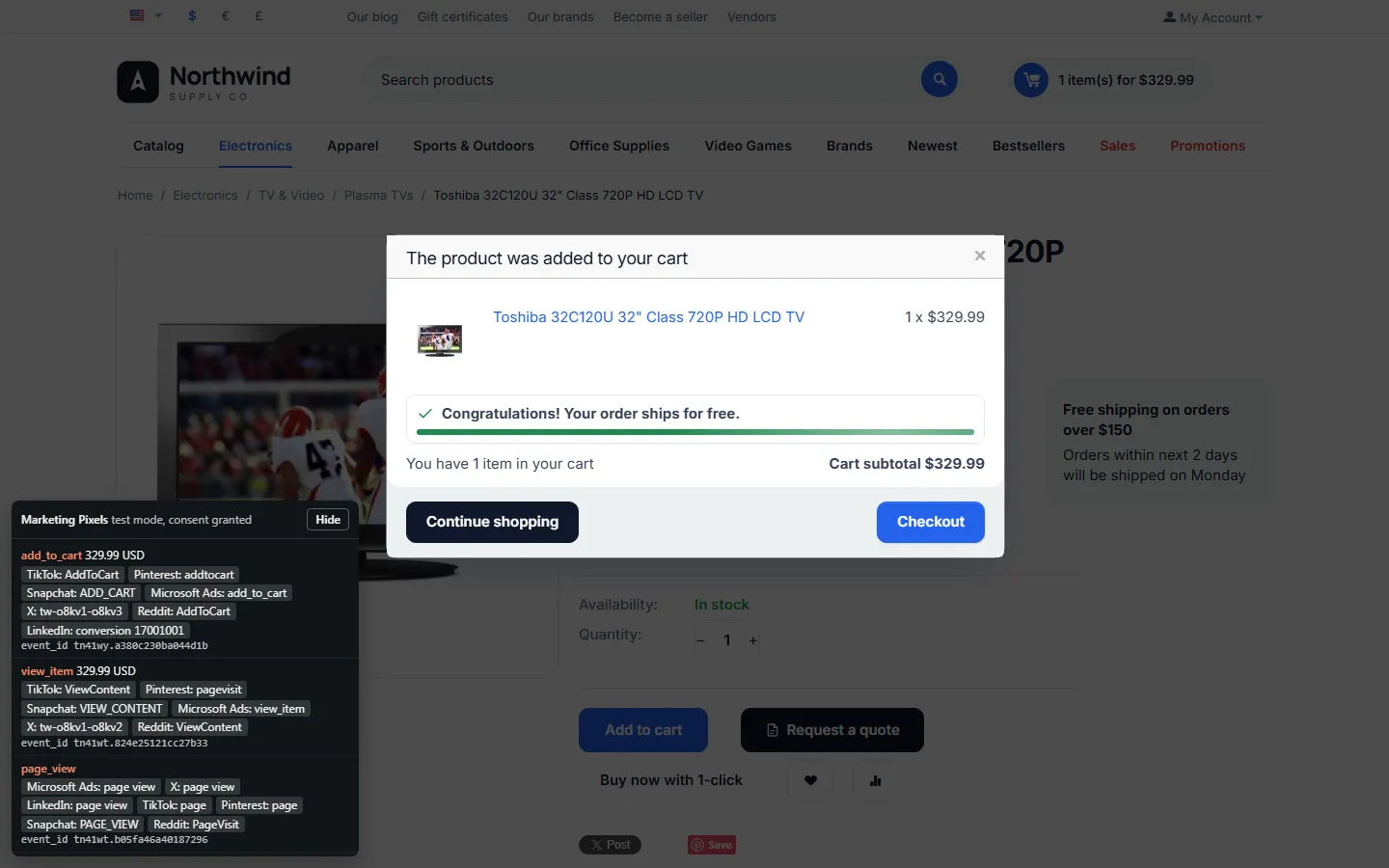 Debug panel on the product page