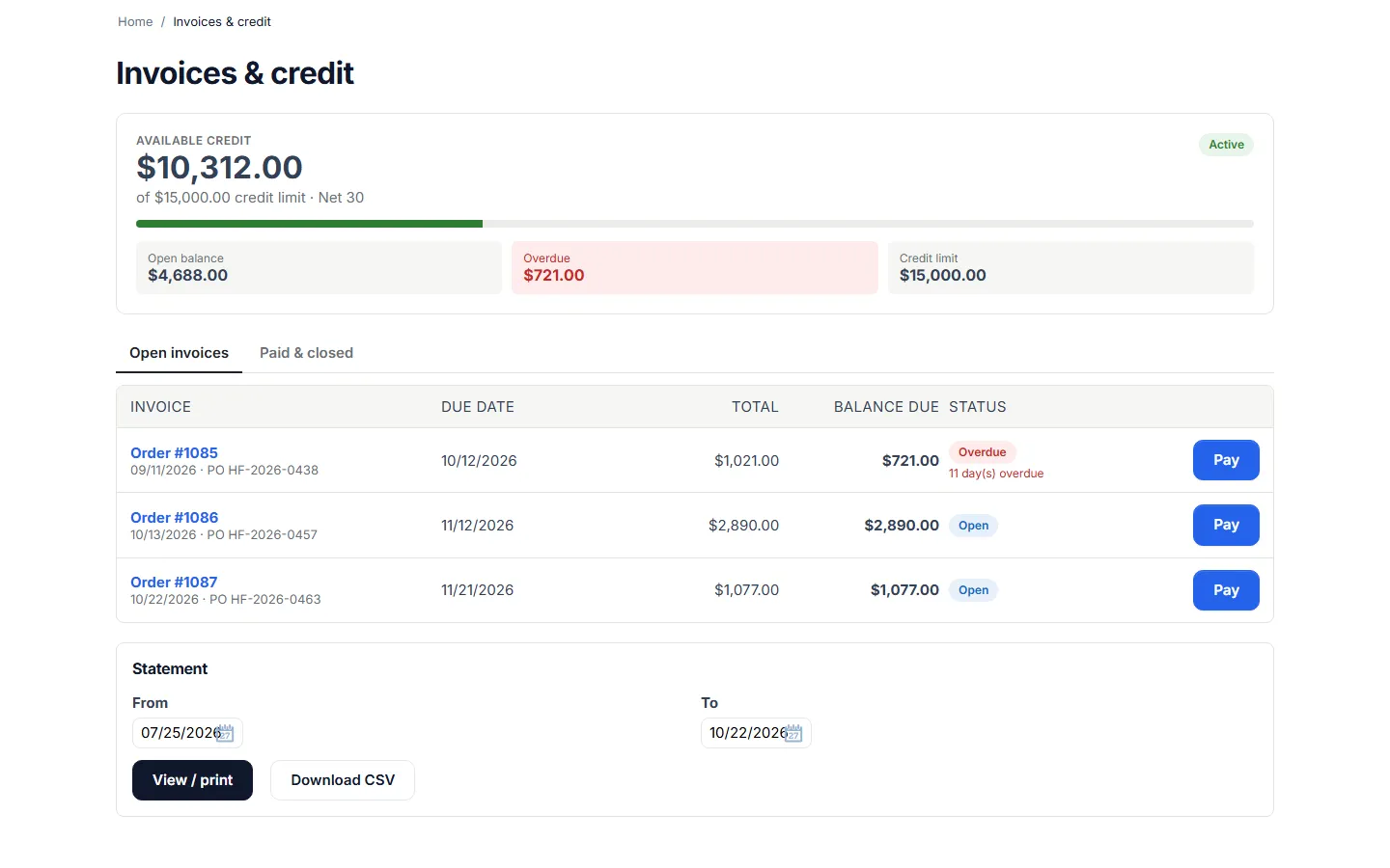 The customer’s Invoices & credit page: available credit, open balance, open invoices with due dates and Pay buttons