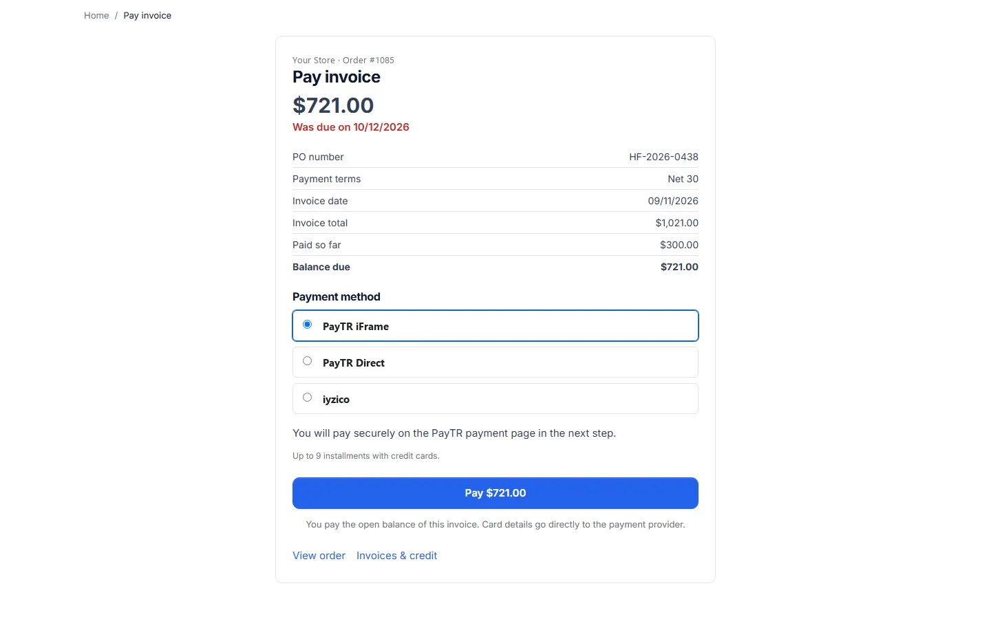 The invoice payment page