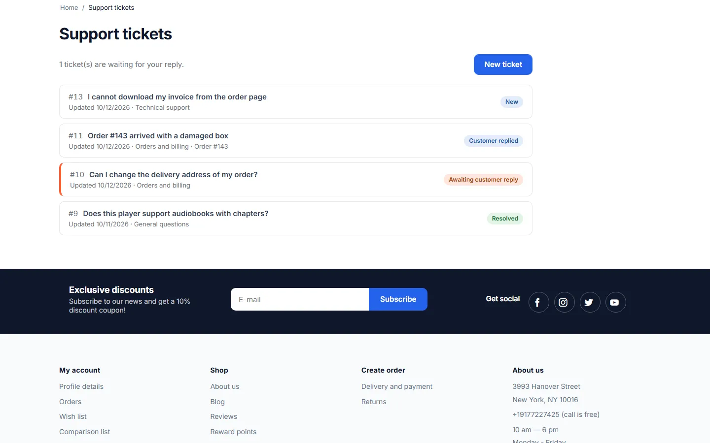 My account, Support tickets: the customer’s tickets as cards with status badges and a New ticket button.